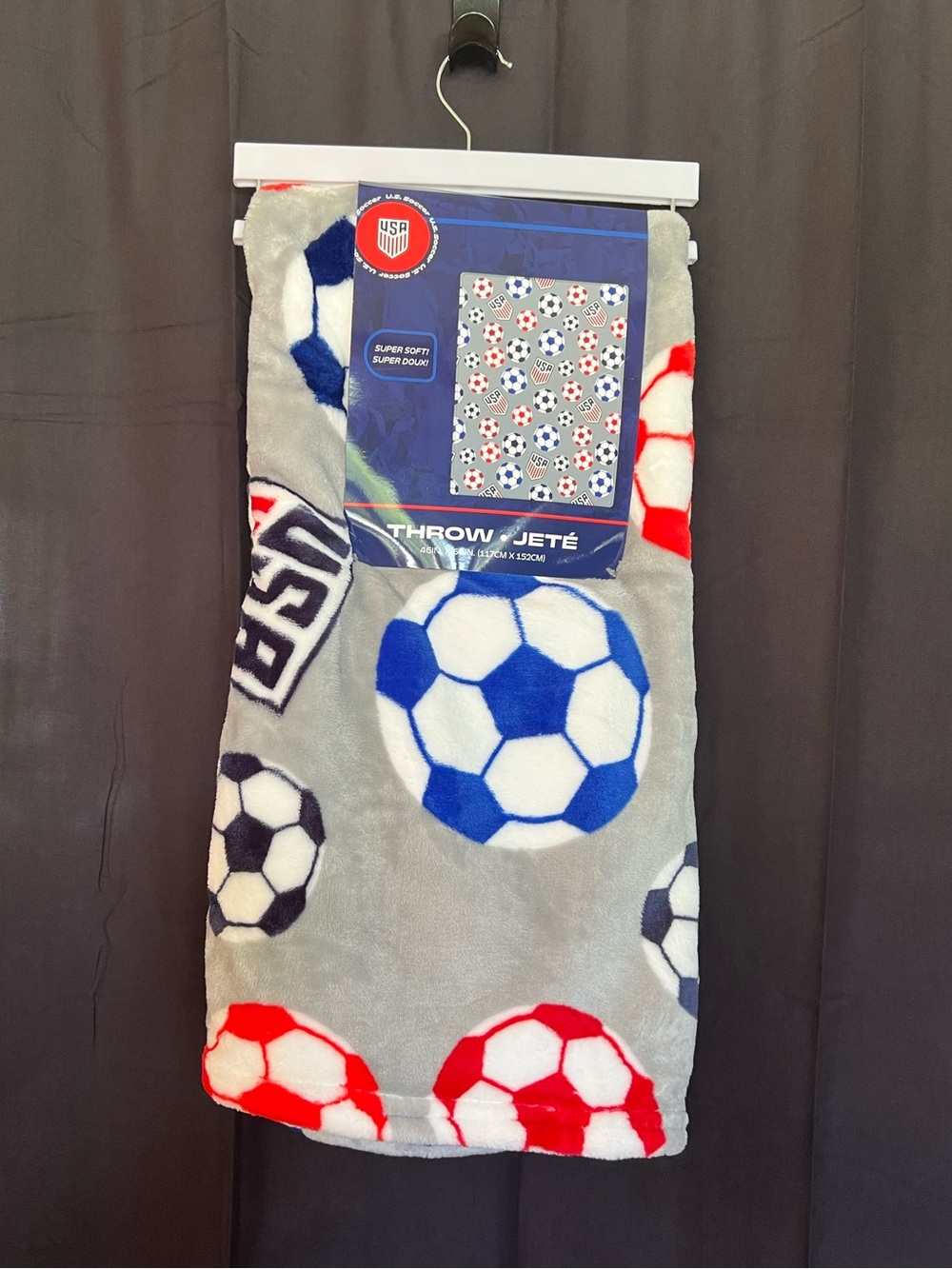 USA Soccer Kids Plush Throw Blanket - Gray with Blue & Red Soccer Balls 46 x 60”